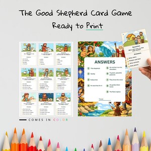 May include: A set of colourful cards for The Good Shepherd Card Game, ready to print. The cards feature illustrations and text, including questions and answers. The text "Comes in Colour" is also visible in the image.