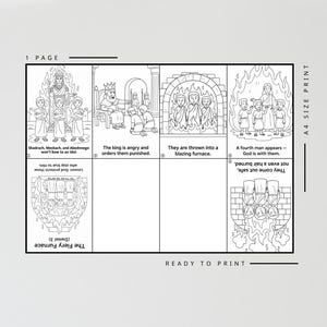 Puede incluir: P&aacute;gina imprimible ilustrada en blanco y negro con el texto "El horno ardiente" y "Listo para imprimir". La p&aacute;gina representa una historia con m&uacute;ltiples paneles, incluyendo texto e ilustraciones de personas y fuego.