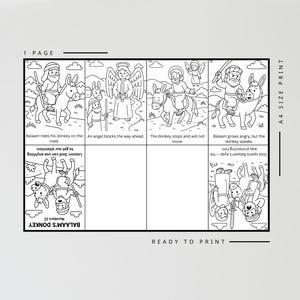 May include: Black and white line art illustration of a children's story, "Balaam's Donkey", with text and images. The text includes "Numbers 22" and "Ready to Print". The images depict a donkey and angel.