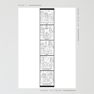 Puede incluir: Tira c&oacute;mica en blanco y negro con texto, que representa una historia b&iacute;blica. Las escenas muestran a Nicodemo con Jes&uacute;s, haciendo preguntas y Jes&uacute;s ense&ntilde;ando sobre el Esp&iacute;ritu Santo. Las palabras "PAGE 1" y "READY TO PRINT" tambi&eacute;n son visibles.