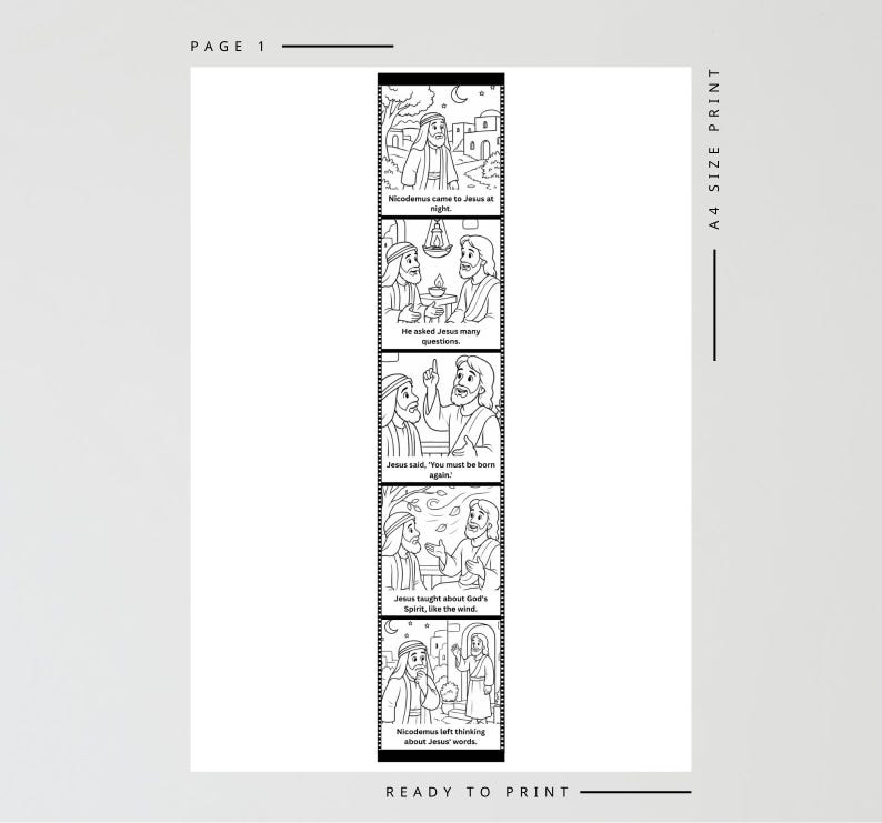 Puede incluir: Tira c&oacute;mica en blanco y negro con texto, que representa una historia b&iacute;blica. Las escenas muestran a Nicodemo con Jes&uacute;s, haciendo preguntas y Jes&uacute;s ense&ntilde;ando sobre el Esp&iacute;ritu Santo. Las palabras "PAGE 1" y "READY TO PRINT" tambi&eacute;n son visibles.
