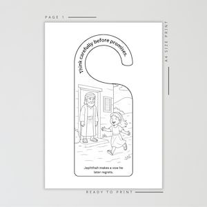 Puede incluir: Una p&aacute;gina para colorear en blanco y negro con forma de colgador de puerta que muestra una ilustraci&oacute;n lineal de un hombre en una puerta y un ni&ntilde;o corriendo hacia &eacute;l. El texto dice Think carefully before promises y Jephthah makes a vow he later regrets.