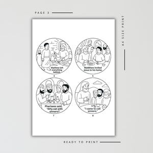 Puede incluir: Ilustraciones en blanco y negro sobre un fondo blanco. Las ilustraciones est&aacute;n en marcos circulares y representan escenas con personas. El texto incluye "PAGE 3", "A4 SIZE PRINT" y "READY TO PRINT".