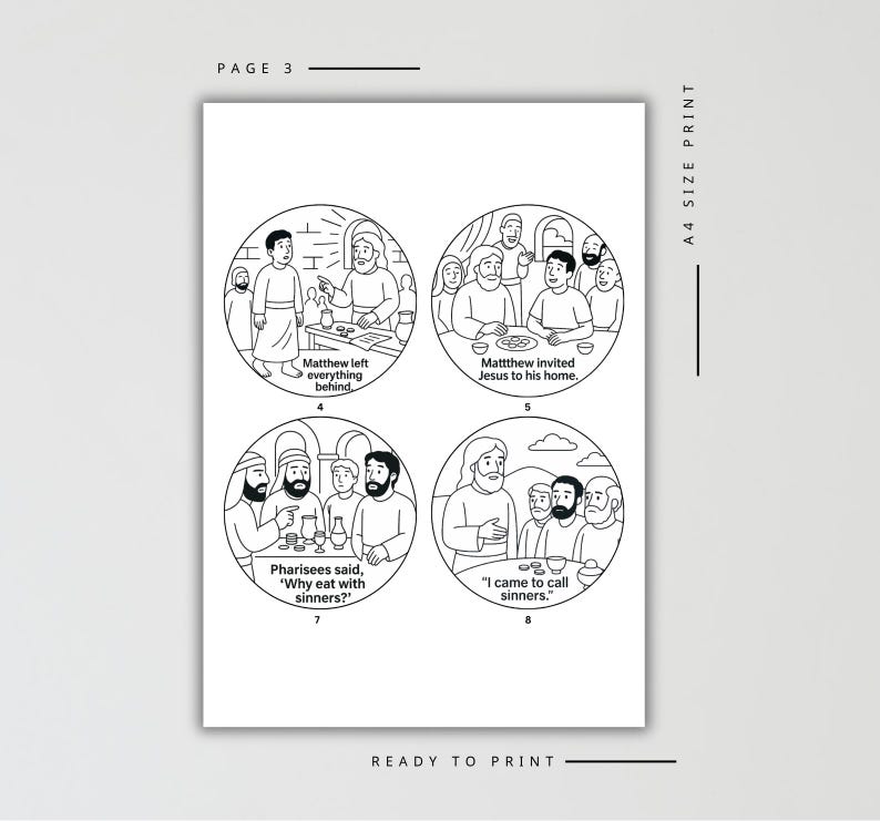 Puede incluir: Ilustraciones en blanco y negro sobre un fondo blanco. Las ilustraciones est&aacute;n en marcos circulares y representan escenas con personas. El texto incluye "PAGE 3", "A4 SIZE PRINT" y "READY TO PRINT".