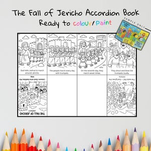 May include: Black and white accordion book titled "The Fall of Jericho," ready to colour or paint. The book features illustrations of the biblical story, including marching, trumpets, and the walls falling. Includes the text "Ready to colour/Paint."