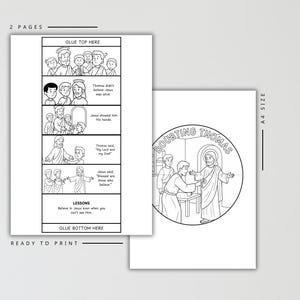 May include: Two-page black and white printable featuring illustrations and text about Doubting Thomas. The first page has a comic strip format with text boxes. The second page has a circular illustration with the words "Doubting Thomas".