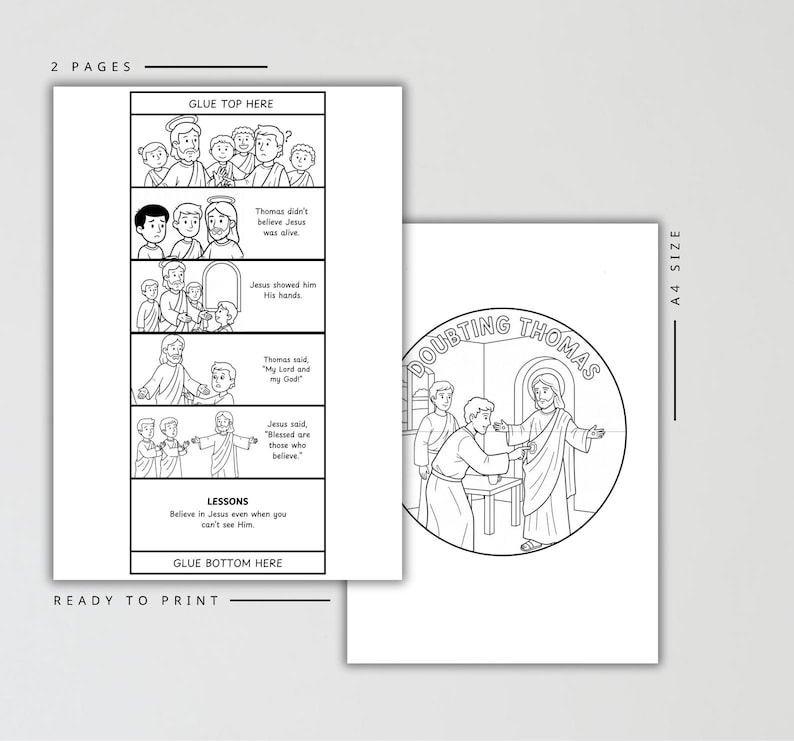 May include: Two-page black and white printable featuring illustrations and text about Doubting Thomas. The first page has a comic strip format with text boxes. The second page has a circular illustration with the words "Doubting Thomas".