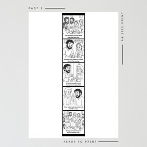 Pu&ograve; includere: Fumetto illustrato in bianco e nero con testo. La striscia mostra scene con persone, incluso il testo che recita "I credenti condividevano ci&ograve; che avevano con gioia" e "Tutti hanno imparato a essere onesti davanti a Dio."