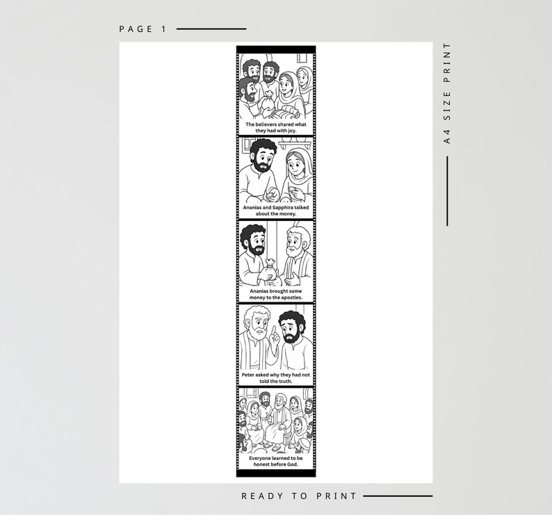 Pu&ograve; includere: Fumetto illustrato in bianco e nero con testo. La striscia mostra scene con persone, incluso il testo che recita "I credenti condividevano ci&ograve; che avevano con gioia" e "Tutti hanno imparato a essere onesti davanti a Dio."