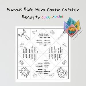 May include: A black and white "Famous Bible Hero Cootie Catcher" activity sheet. The sheet includes illustrations and text prompts for coloring and playing. The text "Ready to colour/paint" is also included.