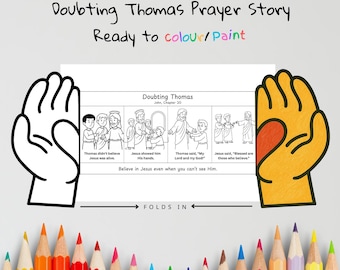 Manualidad de las manos en oración de Tomás el incrédulo / Lección «Cree sin ver» / Actividad cristiana para colorear / Imprimible para la escuela dominical