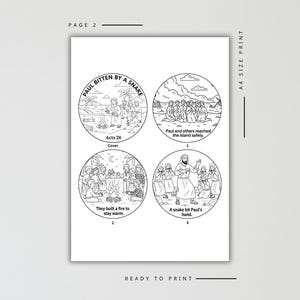 May include: A black and white illustration of a Bible story, "Paul Bitten by a Snake," with four circular panels. Each panel depicts a scene with text, including "Acts 28" and "Ready to Print."