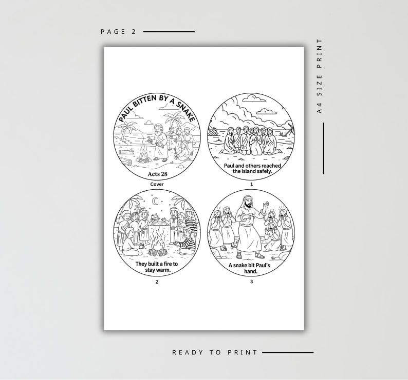 May include: A black and white illustration of a Bible story, "Paul Bitten by a Snake," with four circular panels. Each panel depicts a scene with text, including "Acts 28" and "Ready to Print."