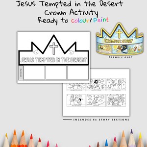 Puede incluir: Una hoja de actividad de corona de papel blanco con el texto "Jes&uacute;s tentado en el desierto" y un dise&ntilde;o de corona. Incluye secciones de la historia y el texto "Listo para colorear/pintar". Se muestra una corona de ejemplo.