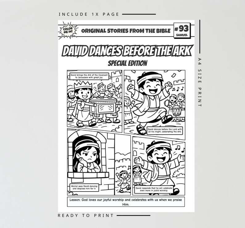 David Dances Before the Ark A4 Bible Comic Coloring Page | Sunday ...