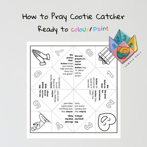 May include: A white, printable "How to Pray Cootie Catcher" game with instructions and illustrations. The text "Ready to colour/paint" is above the game. A colorful sample cootie catcher is in the upper right corner.