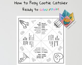 May include: A white, printable "How to Pray Cootie Catcher" game with instructions and illustrations. The text "Ready to colour/paint" is above the game. A colorful sample cootie catcher is in the upper right corner.