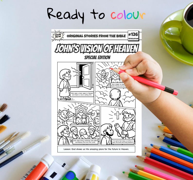 May include: A black and white comic book page titled "John's Vision of Heaven" with illustrations from the Bible. The text "Ready to colour" is written at the top. A hand is holding a red pencil, ready to color the page.