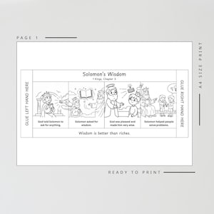Op de afbeelding: Zwart-wit printbare pagina met de titel "Salomo's Wijsheid" en illustraties uit 1 Koningen, hoofdstuk 3. De pagina bevat tekst en afbeeldingen die het verhaal van Salomo weergeven, klaar om af te drukken.