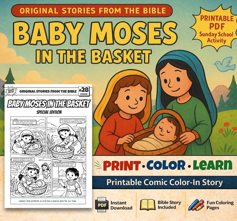 Baby Moses in the Basket Bible Comic Colouring Page: listing photo