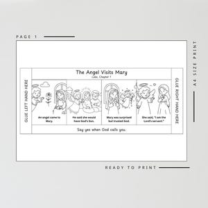 May include: Black and white line art illustration of a religious story, "The Angel Visits Mary," with text and images. The page is labeled "Page 1" and includes instructions for gluing and printing.