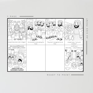May include: Black and white illustrated Bible story page titled "Joseph Forgives His Brothers." The page includes text and illustrations depicting Joseph's story, including him becoming ruler, his brothers seeking food, and Joseph forgiving them. The text "Ready to Print" is also visible.