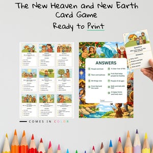 Pu&ograve; includere: Un colorato gioco di carte intitolato "The New Heaven and New Earth Card Game" con il testo "Ready to Print" e "Comes in Color". Il gioco include carte illustrate con domande e risposte, con temi e immagini bibliche.