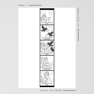 May include: Black and white illustrated comic strip with text. The strip tells a story about Elijah, with panels showing him by a brook, ravens bringing food, and God's care. The words "READY TO PRINT" are at the bottom.