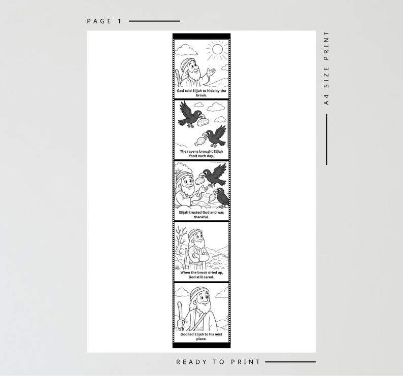 May include: Black and white illustrated comic strip with text. The strip tells a story about Elijah, with panels showing him by a brook, ravens bringing food, and God's care. The words "READY TO PRINT" are at the bottom.