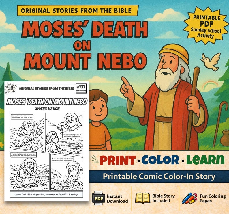 Moses’ Death on Mount Nebo Bible Comic Colouring Page for Kids: listing photo