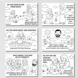 Może przedstawiać: Zestaw sześciu czarno-białych ilustracji przedstawiających sceny z Biblii. Każdy obraz zawiera tekst z Ewangelii Jana, np. &bdquo;Urodził się niewidomy&rdquo; i &bdquo;Jezus otwiera nasze duchowe oczy&rdquo;.