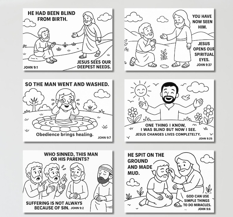 Może przedstawiać: Zestaw sześciu czarno-białych ilustracji przedstawiających sceny z Biblii. Każdy obraz zawiera tekst z Ewangelii Jana, np. &bdquo;Urodził się niewidomy&rdquo; i &bdquo;Jezus otwiera nasze duchowe oczy&rdquo;.