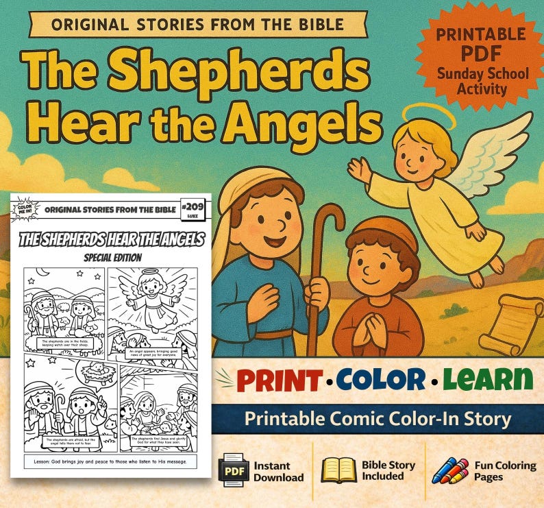 The Shepherds Hear the Angels Bible Comic Colouring Page for Kids: listing photo