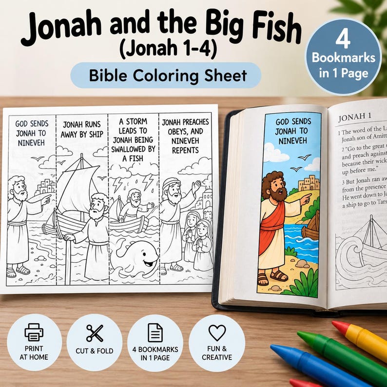Jonah and the Big Fish Bible Story Colouring Bookmarks for Kids: listing photo