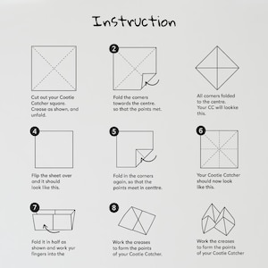 May include: A step-by-step instructional diagram for creating a Cootie Catcher, also known as a fortune teller. The image shows eight numbered steps with illustrations and text instructions on a light background. The word "Instruction" is at the top.