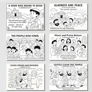 May include: Black and white illustrations depicting Bible stories. The images include text such as "A Good King Begins to Reign," "Gladness and Peace," and "The People Bow Down." Each image has a corresponding Bible verse.