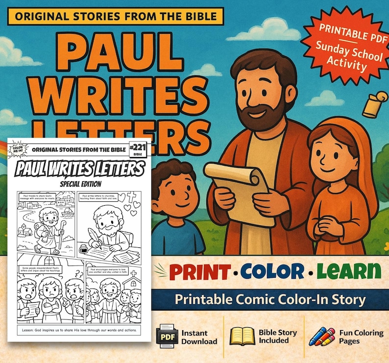 Paul Writes Letters Bible Comic Colouring Page: listing photo