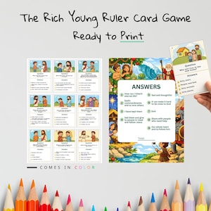 May include: A colorful card game titled "The Rich Young Ruler Card Game, Ready to Print." The game includes illustrated cards with questions and answers, and a card held by a hand. The text "COMES IN COLOR" is also visible.