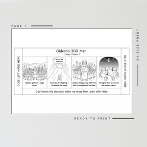 May include: Black and white illustrated page titled "Gideon's 300 Men" from Judges, Chapter 7. The page features four panels depicting scenes from the story, with text captions. The phrase "Ready to Print" is at the bottom.