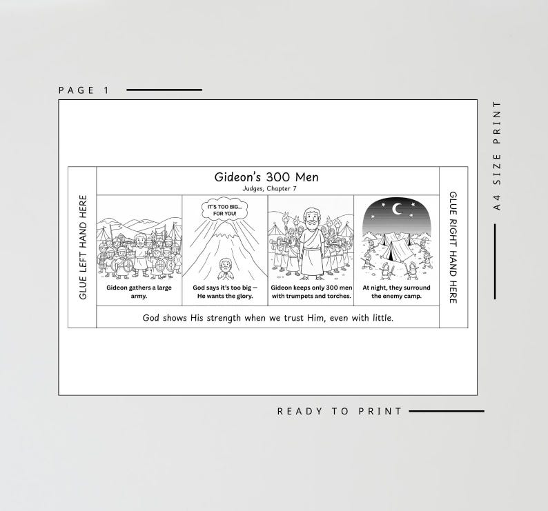 May include: Black and white illustrated page titled "Gideon's 300 Men" from Judges, Chapter 7. The page features four panels depicting scenes from the story, with text captions. The phrase "Ready to Print" is at the bottom.