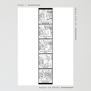 May include: Black and white illustrated print with a religious theme. The print features a series of panels depicting a biblical story, including text such as "A blind man sat by the road and could not see." The print is labeled "Page 1" and "A4 Size Print."