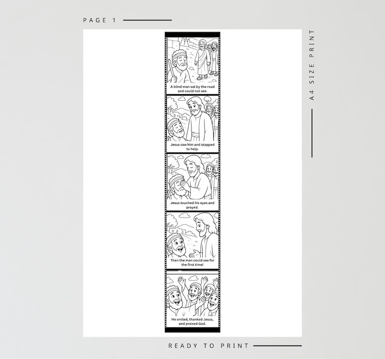May include: Black and white illustrated print with a religious theme. The print features a series of panels depicting a biblical story, including text such as "A blind man sat by the road and could not see." The print is labeled "Page 1" and "A4 Size Print."