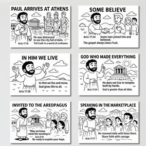 May include: Black and white illustrations depicting biblical scenes with text. Each image features a man in a robe, accompanied by text from Acts, such as "Paul Arrives at Athens" and "Some Believe."