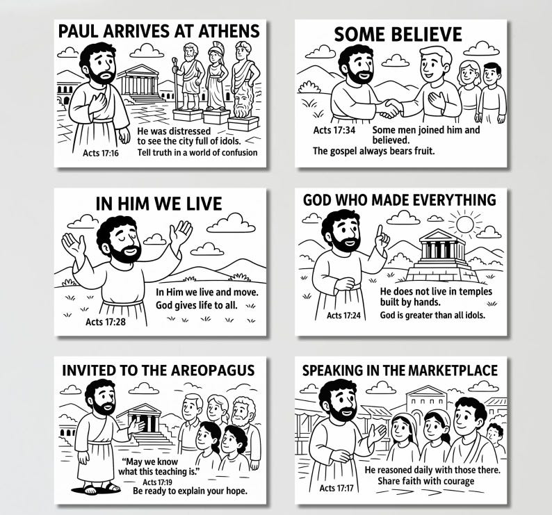 May include: Black and white illustrations depicting biblical scenes with text. Each image features a man in a robe, accompanied by text from Acts, such as "Paul Arrives at Athens" and "Some Believe."