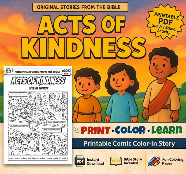 Acts of Kindness Bible Comic Colouring Page: listing photo