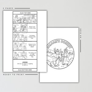 K&ouml;nnte beinhalten: Zweiseitige, druckfertige Malvorlagen. Eine Seite zeigt einen Comic mit Text und Illustrationen &uuml;ber Bileams Esel. Die andere Seite zeigt eine kreisf&ouml;rmige Illustration von Bileam, seinem Esel und einem Engel. Enth&auml;lt den Text "Balaam's Donkey".