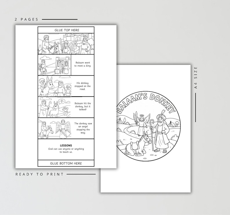 K&ouml;nnte beinhalten: Zweiseitige, druckfertige Malvorlagen. Eine Seite zeigt einen Comic mit Text und Illustrationen &uuml;ber Bileams Esel. Die andere Seite zeigt eine kreisf&ouml;rmige Illustration von Bileam, seinem Esel und einem Engel. Enth&auml;lt den Text "Balaam's Donkey".