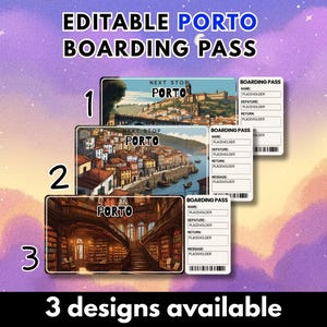 Bilhete-presente de viagem editável para Porto, Portugal | Cartão de embarque para impressão para férias surpresa