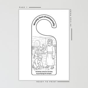 May include: Black and white door hanger with an illustration of a biblical scene. The text reads "Worship God wholeheartedly." and "Hezekiah restores worship by purifying the temple."