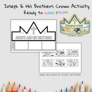 Puede incluir: Una actividad de corona de papel imprimible titulada Joseph & His Brothers que presenta un contorno en blanco y negro de una corona con una cruz, dos palomas y tres paneles rectangulares vac&iacute;os, adem&aacute;s de una hoja con seis escenas.